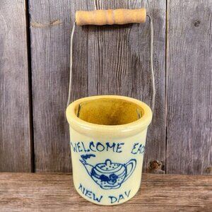 Maple City Pottery USA Basket W Handle Crock Stoneware Salt Glazed Crock Welcome